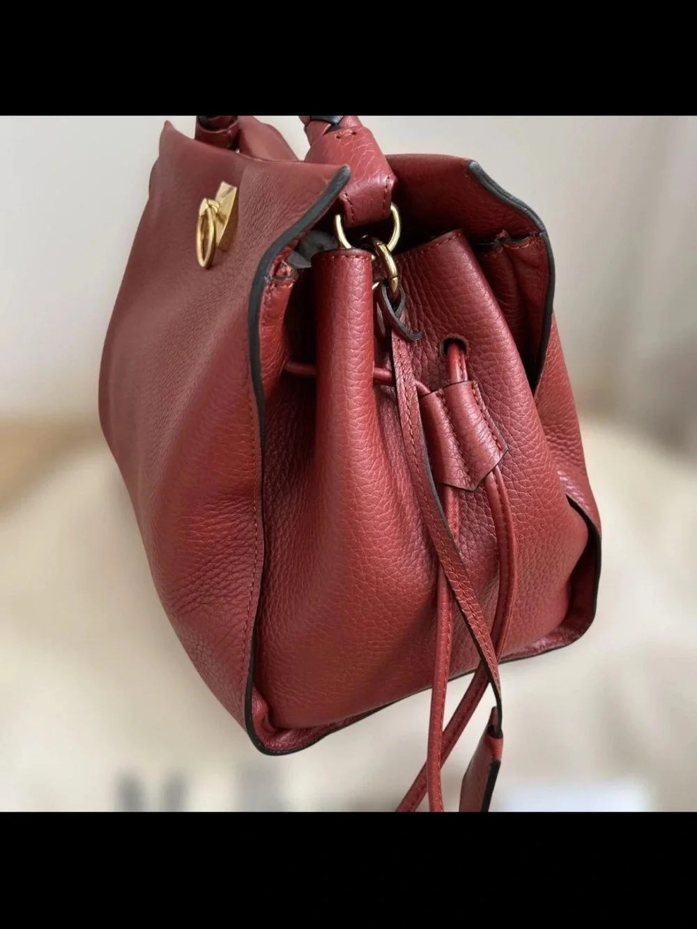 Mulberry Red-Burgundy Pebbled Leather Top-Handle Satchel